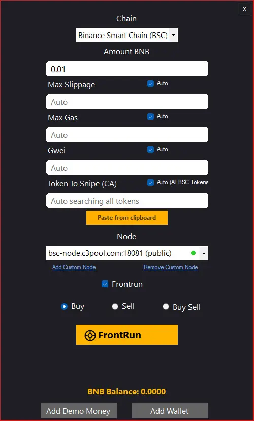 interface of Solana sniper bot